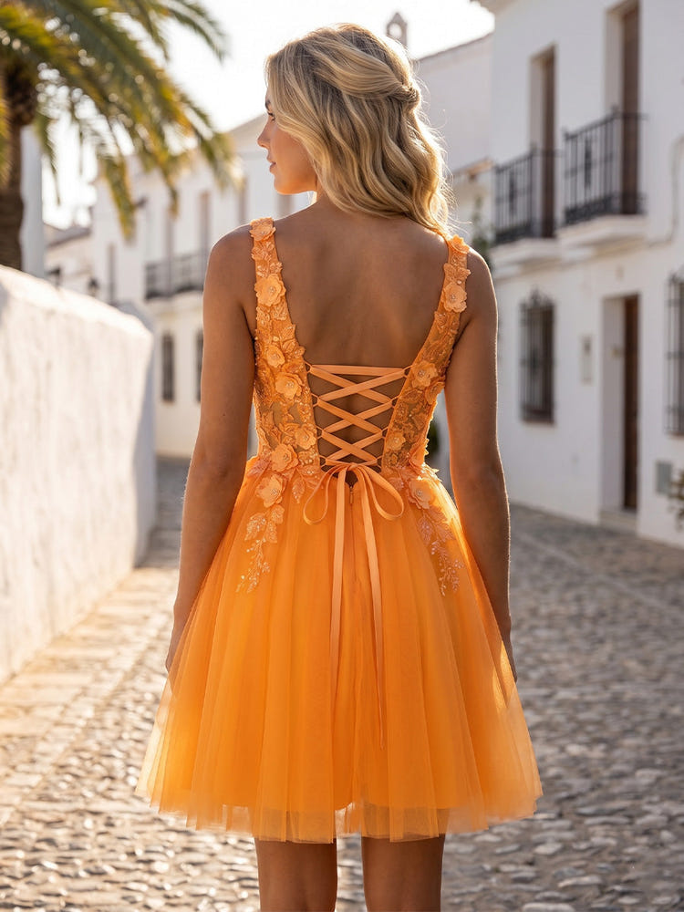 Tulle A-Line V Neck Mini Homecoming Dresses with 3D Flowers