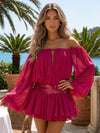 Glam Loose Puff Sleeve Chiffon Off Shoulder Mini Dress Shimmer Sequin Waist Keyhole Cutout Waist Sequin Belt Tiered Ruffle Homecoming Dresses