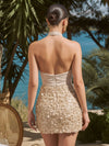 Floral Halter Draped Satin Sheath Mini Homecoming Dress Halter Sequin 3D Petal Paillette Sequins Keyhole Neck Short Semi-Formal Party Dress