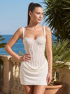 Satin Sheath Spaghetti Straps Mini Homecoming Dresses with Lace Applique