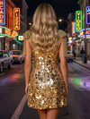 V Neck Spaghetti Strap Bow Shoulder All Over Large Paillette Sequin A-Line Mini Homecoming Dress Flowy Short Semi-Formal Club Party Dress