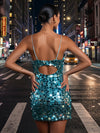 Spaghetti Straps Shiny Full Iridescent Big Paillette Sequins Sheath  Cutout Mini Homecoming Dress
