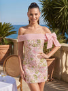 Romantic Floral Embroidered Mesh Off Shoulder Mini Dress Large Satin Shoulder Bow All Over Pastel Floral Mesh Applique Slim Fit Silhouette Homecoming Dresses