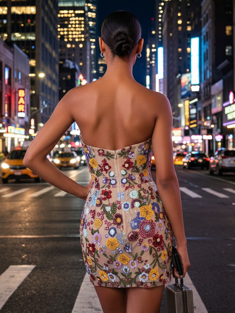 Romantic Vibrant Floral Embroidered Mesh Sheath Sweetheart Plunging V Neck Full Hand Stitched Floral Embroidery Bodycon Mini Homecoming Dresses