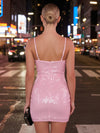 Spaghetti Strap Twist Front All Over Sequin Sheath Mini Homecoming Dress  lunging V Neck Ruched Bust Stretch Fitted Silhouette Night Out Mini Dress