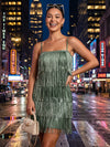 Retro Flapper Style Tiered Fringe Spaghetti Strap Mini Dress ll Over Layered Tassel Fringe Straight Cut Short Layered Tassel Homecoming Dresses