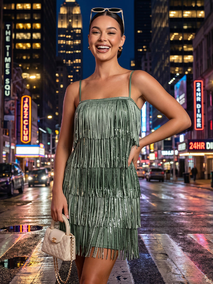 Retro Flapper Style Tiered Fringe Spaghetti Strap Mini Dress ll Over Layered Tassel Fringe Straight Cut Short Layered Tassel Homecoming Dresses