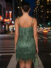 Retro Flapper Style Tiered Fringe Spaghetti Strap Mini Dress ll Over Layered Tassel Fringe Straight Cut Short Layered Tassel Homecoming Dresses