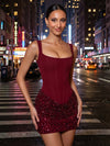 Satin Sheath Boat Neck  Mini Homecoming Dresses with Sequin Solid Satin Boned Bodice All OverSequin Skirt Short Mini Dresses