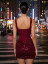 Satin Sheath Boat Neck  Mini Homecoming Dresses with Sequin Solid Satin Boned Bodice All OverSequin Skirt Short Mini Dresses