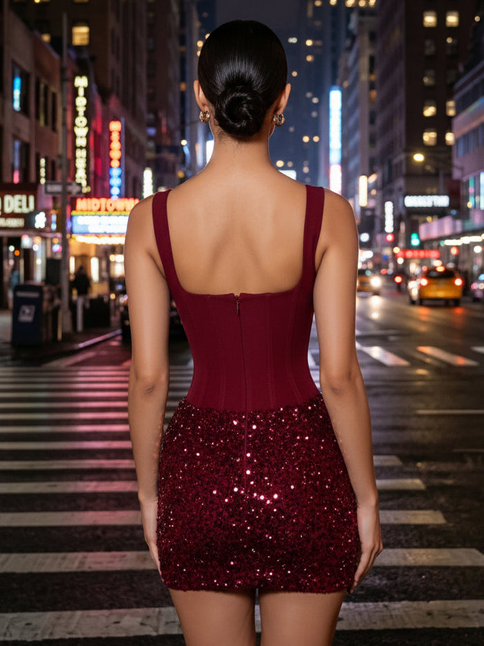 Satin Sheath Boat Neck  Mini Homecoming Dresses with Sequin Solid Satin Boned Bodice All OverSequin Skirt Short Mini Dresses