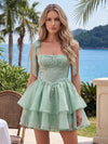 Spaghetti Strap Tie Shoulder Square Neck Organza A-Line Mini Homecoming Dress All Over Pearl Beads Double Tier Ruffle Skirt Party Dress
