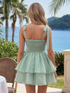 Spaghetti Strap Tie Shoulder Square Neck Organza A-Line Mini Homecoming Dress All Over Pearl Beads Double Tier Ruffle Skirt Party Dress