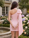 Elegant Pearl Accent One Shoulder Mini Dress Statement Shoulder Bow Streamer Suitable Oversized Side Bow Trailing Sash Solid Smooth Short Homecoming Dresses