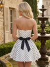 Sweet Vintage Polka Dot Strapless Pleated Mini Black Waist Bow Voluminous Pleated Flare Homecoming Dresses