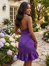 Romantic Floral Embellished Halter Satin Mini Dress Voluminous Side Ruffle Hem ide 3D Rose Floral Appliques Asymmetrical Ruffle Hem Short Homecoming Dresses
