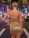 Glitter Metallic Large Grid Paillette Sequins Strapless Sheath Slim Fit Figure Hugging Design Mini Short Homecoming Dresses