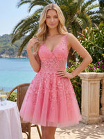 Tulle A-Line V Neck Mini Homecoming Dresses with Lace Applique