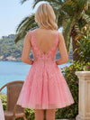 Tulle A-Line V Neck Mini Homecoming Dresses with Lace Applique