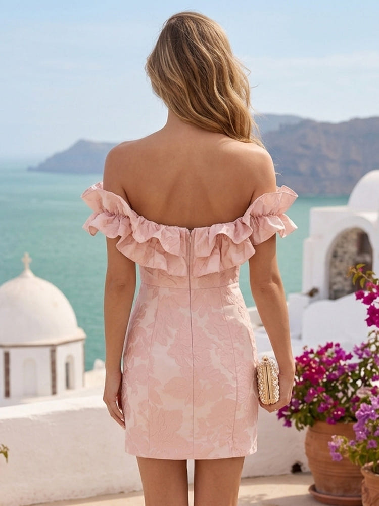 Jacquard Sheath Off the Shoulder Mini Homecoming Dresses with Ruffles