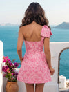 Romantic Floral Printed One Shoulder Mini Dress Lightweight Jersey Material Oversized Bow Floral Print Jersey A-Line Mini Homecoming Dress