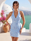 Tulle Sheath Halter Mini Homecoming Dresses with Sequin Embroidery