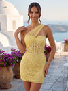 Tulle Sheath One Shoulder Mini Homecoming Dresses with Sequin Embroidery