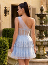 Fairytale Tiered Floral Tulle One Shoulder Mini Dress Mesh Corset Boned Tiered Tulle Mini Homecoming Dresswith 3D Flowers