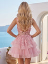 Fairy Tiered Floral Tulle One Shoulder Mini Dress One Shoulder Sheer Mesh Corset Boned Tiered Tulle A-Line Homecoming Dresses with 3D Flowers