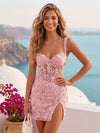 Spaghetti Strap Sweetheart Corset Sheath Mini Homecoming Dress All Over Pastel 3D Floral Mesh Side High Slit Short Party Dress