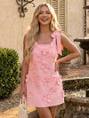 Square Neck Spaghetti Strap A-Line Mini Homecoming Dress Single Shoulder Bow Tie All Over 3D Floral Appliques Solid Stretch with 3D Flowers