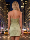 Satin Sheath Halter Mini Homecoming Dresses with Applique