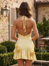 Satin Sheath Halter Mini Homecoming Dresses with 3D Flowers