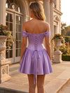 Satin A-Line Off the Shoulder Mini Homecoming Dresses with Bow