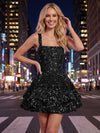 A-Line Square Neck Mini Sequined Homecoming Dresses with Tiered Ruffles