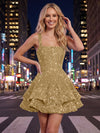 A-Line Square Neck Mini Sequined Homecoming Dresses with Tiered Ruffles