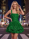 A-Line Square Neck Mini Sequined Homecoming Dresses with Tiered Ruffles