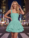 A-Line Square Neck Mini Sequined Homecoming Dresses with Tiered Ruffles