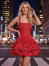 A-Line Square Neck Mini Sequined Homecoming Dresses with Tiered Ruffles