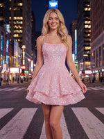 Sequin A-Line Square Neck Spaghetti StrapsShort Homecoming Dresses with Layered