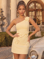 Satin Bodycon One Shoulder Short Homecoming Dresses with 3D Flowers