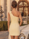 Satin Bodycon One Shoulder Short Homecoming Dresses with 3D Flowers