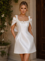 Satin A-Line Off the Shoulder Short Homecoming Dresses with 3D Flowers