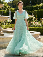 Lace Sequin A Line V Neck Long Mother of the Bride Dresses