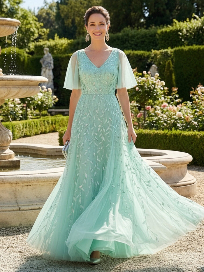 Lace Sequin A Line V Neck Long Mother of the Bride Dresses