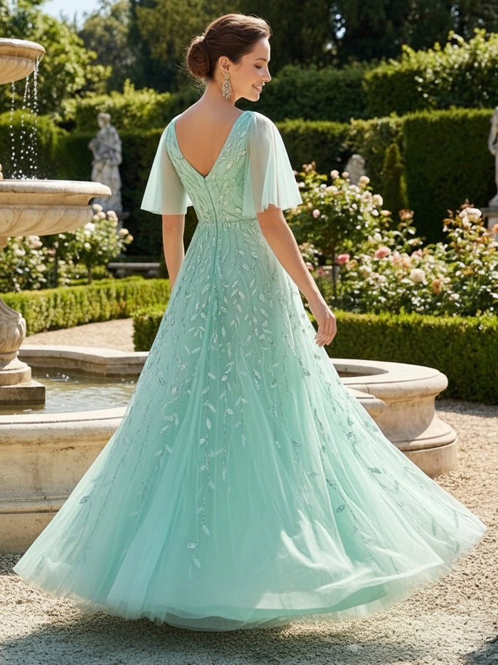 Lace Sequin A Line V Neck Long Mother of the Bride Dresses