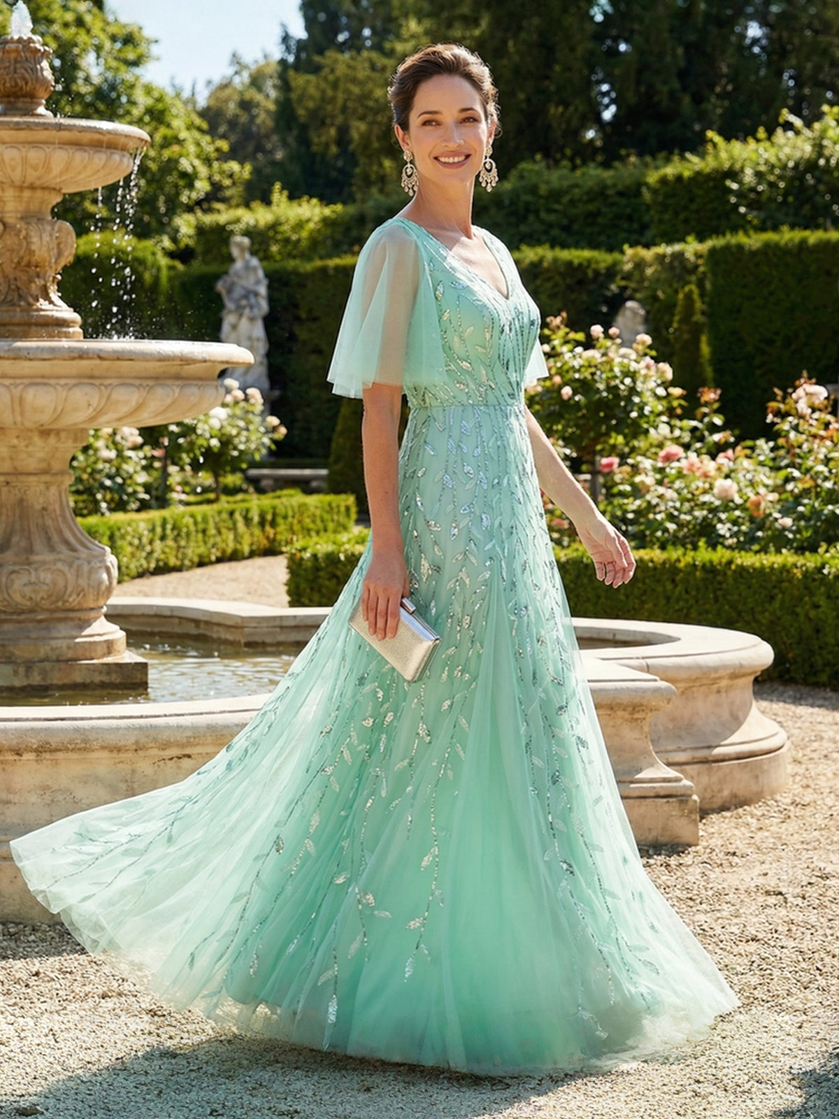 Lace Sequin A Line V Neck Long Mother of the Bride Dresses