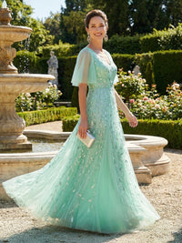 Lace Sequin A Line V Neck Long Mother of the Bride Dresses