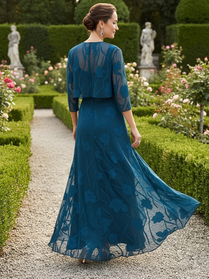 Chiffon Jacquard Ruffles 2 Pieces Mother of the Bride Dresses with Caps