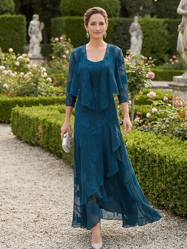 Chiffon Jacquard Ruffles 2 Pieces Mother of the Bride Dresses with Caps
